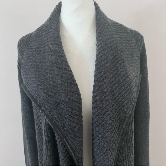 Vince Charcoal Grey Wool Cashmere Blend Open Front Leather Trimmed Cardigan - Picture 4 of 10